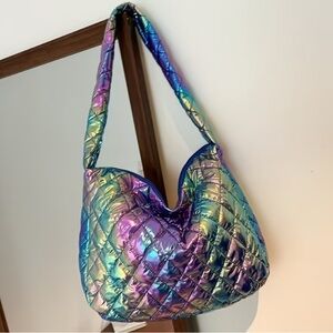 Iridescent Quilted Puffy Women's Large Shoulder Bag Purple, Green, Blue NWT